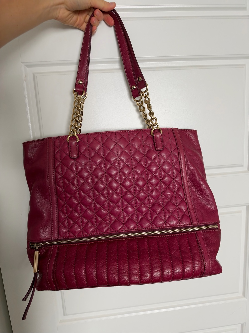 B. Makowsky Berry Pink Leather Quilted Chain Shoulder Tote Bag